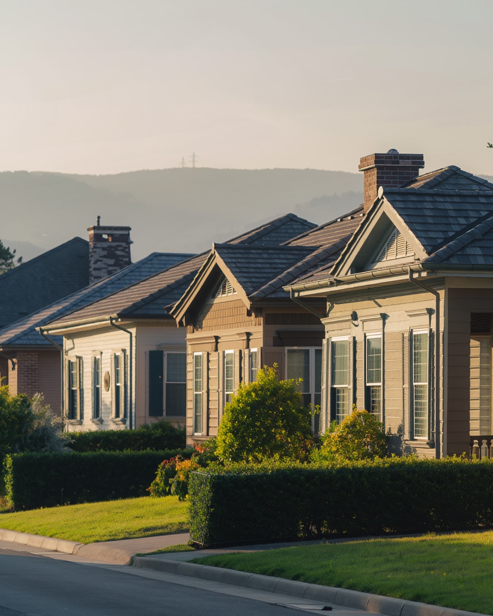 Single-family rental homes on a suburban street at golden hour